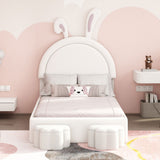 English Elm Twin Size Upholstered Rabbit-Shape Bed With 2 Storage Stools, Velvet Platform Bed With Cartoon Ears Shaped Headboard, White