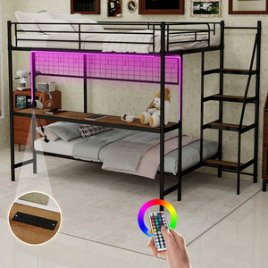 English Elm Full Over Twin Metal Bunk Bed with Desk Led Strip Shelves for Teen Dorm Rooms Antique Black W1935S00009