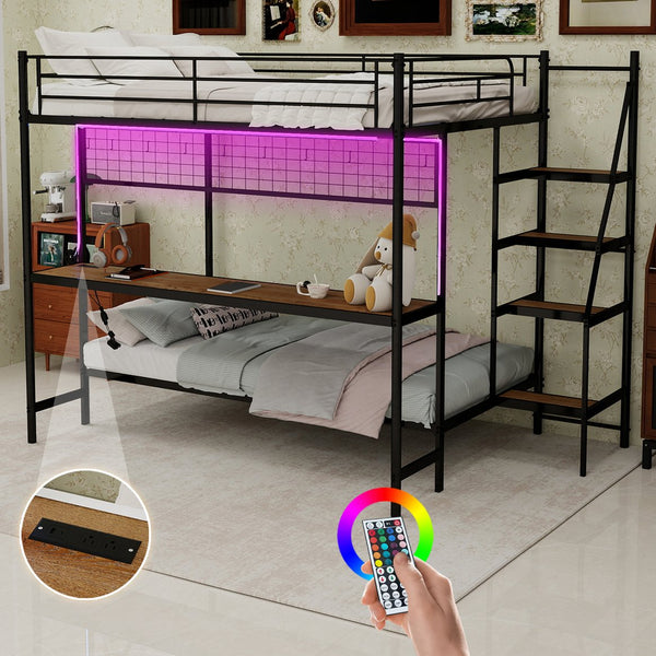 English Elm Full Over Twin Metal Bunk Bed with Desk Led Strip Shelves for Teen Dorm Rooms Antique Black W1935S00009