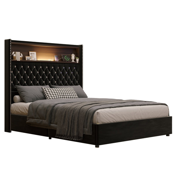 English Elm Full Velvet Wingback Platform Bed Tufted Headboard Shelf Usb Port Rivet Trim N733P368653B