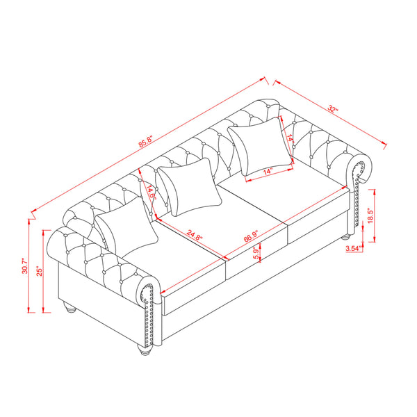 English Elm 85.8" Living Room Chesterfield Sofa with Storage Classic Tufted PU Upholstery Solid Wood Frame, 3-Seater Comfort Ivory White W1097S00150
