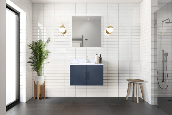 English Elm Navy Bath Vanity 30"W x 22"D with Carrara Marble Top, Chrome Faucet, Scratch-Resist Counter, 30" LED Mirror B2731S01243