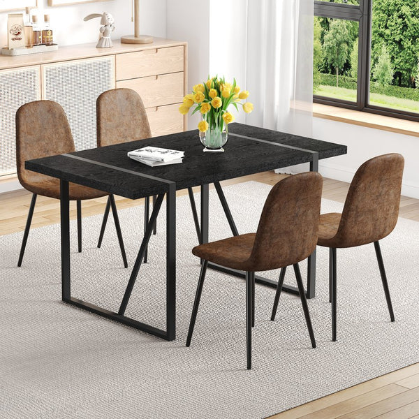 English Elm Table and Chair Set Retro Industrial 55 Inch Rectangular Black Textured Top Brown Seats W1151S04383