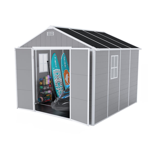 English Elm Campcraft 8x8 Ft Resin Storage Shed with Uv Resistant Polypropylene Panels and Hd Windows W1598S00013