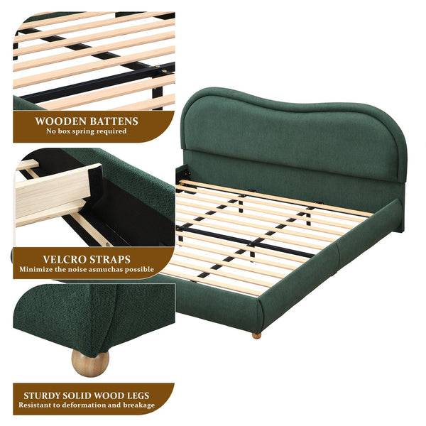English Elm Queen Chenille Upholstered Curved Headboard Platform Bed with Oak Legs Solid Wood Slats W1716P428274