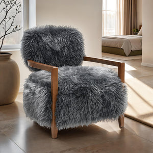 English Elm Charcoal Plush Faux Fur Accent Chair with Walnut Wood Arms — Cozy Modern Living Room Seating Charcoal grey 29 L x 30 W x 31 H B2741P401369