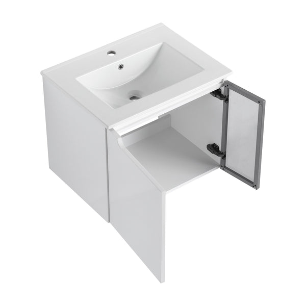 English Elm 24" Floating Bathroom Vanity Glossy White Plywood Cabinet Ceramic Sink Soft Close W999S00523
