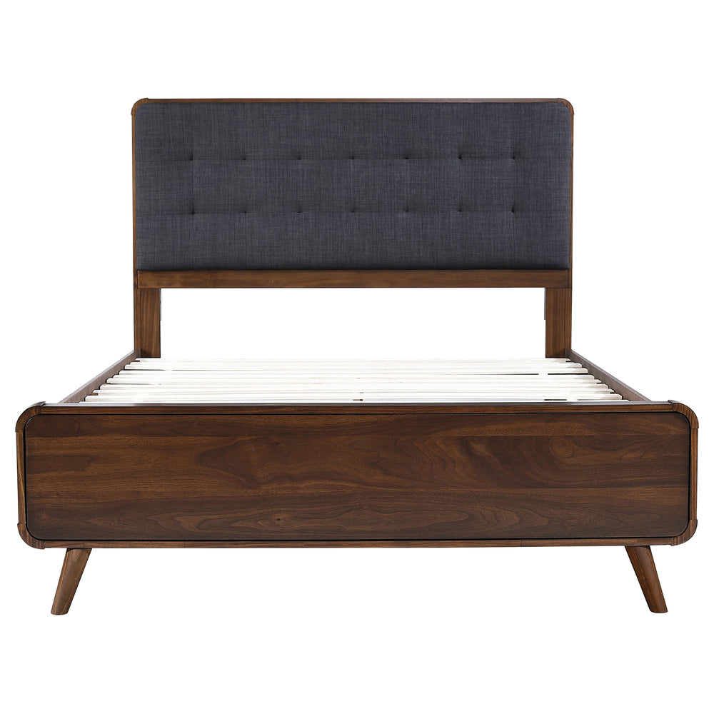 English Elm Carson Dark Walnut Queen Platform Bed With Tufted Grey Upholstery For A Cozy Mid-Century Retreat B062S00695