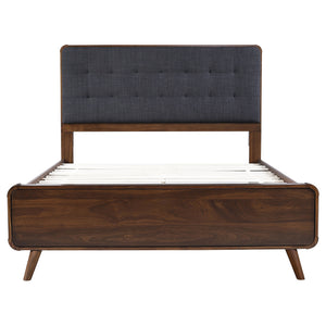 English Elm Carson Dark Walnut Queen Platform Bed With Tufted Grey Upholstery For A Cozy Mid-Century Retreat B062S00695