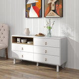 Hearth and Haven Hike Dresser with Open Storage, 5 Drawers and Leather Handles, White W1781P148614