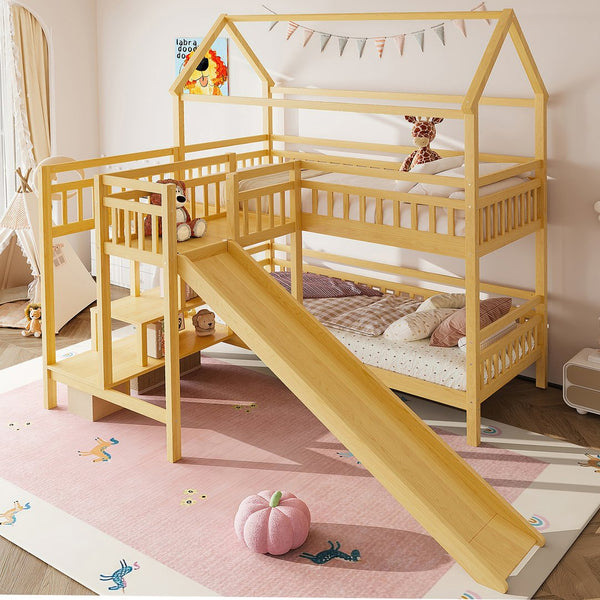 English Elm Full Bunk Bed with Trundle Bookshelf Storage Pine Frame Car Design for Kids W1580S00301