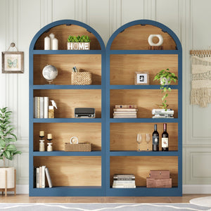 English Elm On-trend Farmhouse Two-tone Bookcase Set Arched Fabric Crown Open 5-tier Shelving Blue N721P411205C
