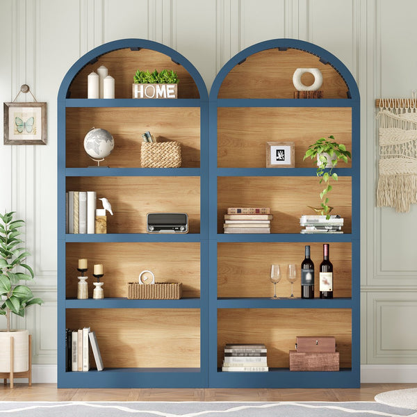 English Elm On-trend Farmhouse Two-tone Bookcase Set Arched Fabric Crown Open 5-tier Shelving Blue N721P411205C