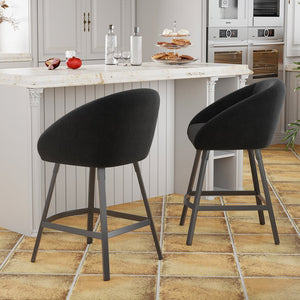 English Elm Bar Upholstered Counter Stool Set of 2 with Back and Armrests, Velvet Seat, 27" Comfort Height, Durable Black T3623P407966