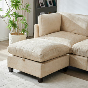 English Elm 96.5" L-shaped Chenille Sectional with Storage Ottoman Eucalyptus Frame Living Room Light Coffee W1097S00281