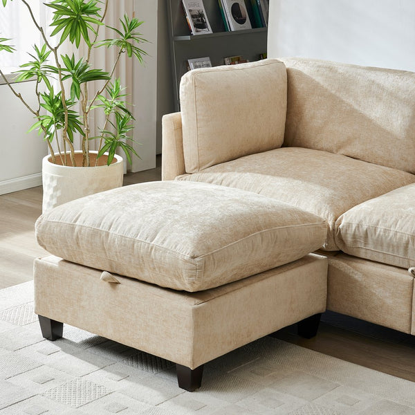 English Elm 96.5" L-shaped Chenille Sectional with Storage Ottoman Eucalyptus Frame Living Room Light Coffee W1097S00281