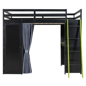 English Elm Full Size Wood Loft Bed with Wardrobe Desk Shelves Rgb Lighting and Blackout Curtains Black+Green LT000269AAF-1