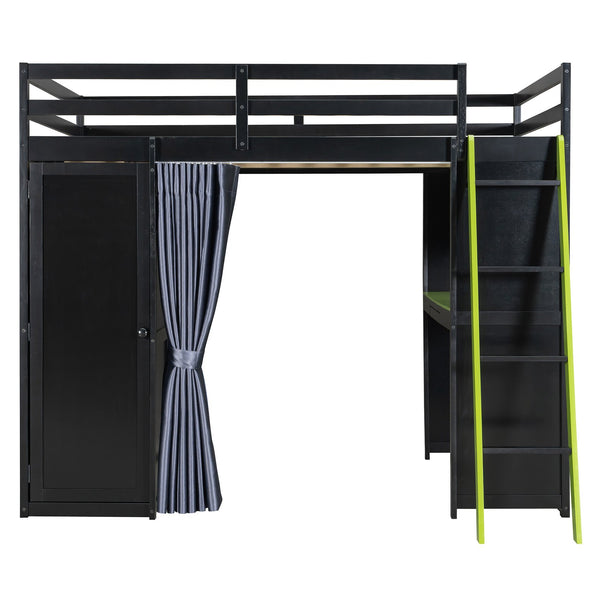 English Elm Full Size Wood Loft Bed with Wardrobe Desk Shelves Rgb Lighting and Blackout Curtains Black+Green LT000269AAF-1