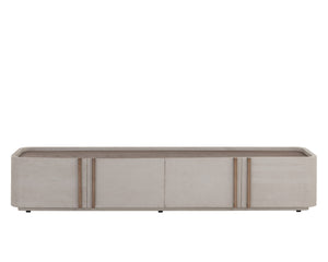 Sunpan Jamille Contemporary Media Console & Cabinet with Cream Faux Leather & Warm Brass Steel Base