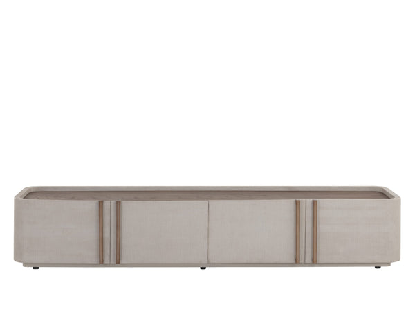 Sunpan Jamille Contemporary Media Console & Cabinet with Cream Faux Leather & Warm Brass Steel Base
