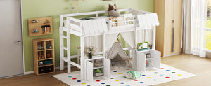 English Elm Twin Loft Bed Cottage-Style Playhouse with Built-In Bookshelf, Curtain & Storage, Safe Guardrails White W1580S00355