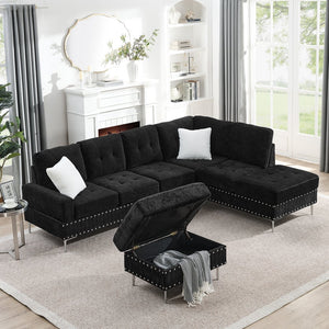 English Elm Sectional L-Shaped Chenille Sofa with Chaise Storage Ottoman, Metal Eucalyptus Frame, 4-Seater Spacious Black W1413S00117