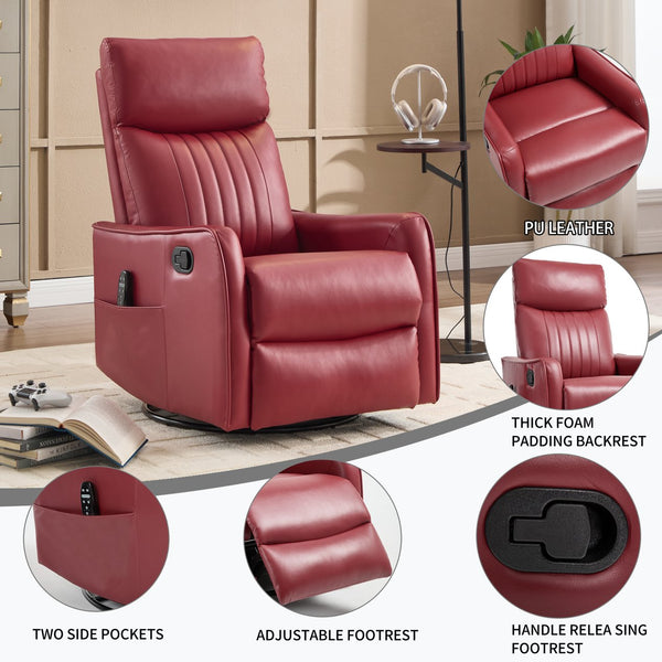 English Elm Blue Fabric Swivel Rocker Recliner with Massage Heat Nodes for Living Room Comfort Red W1803P321820
