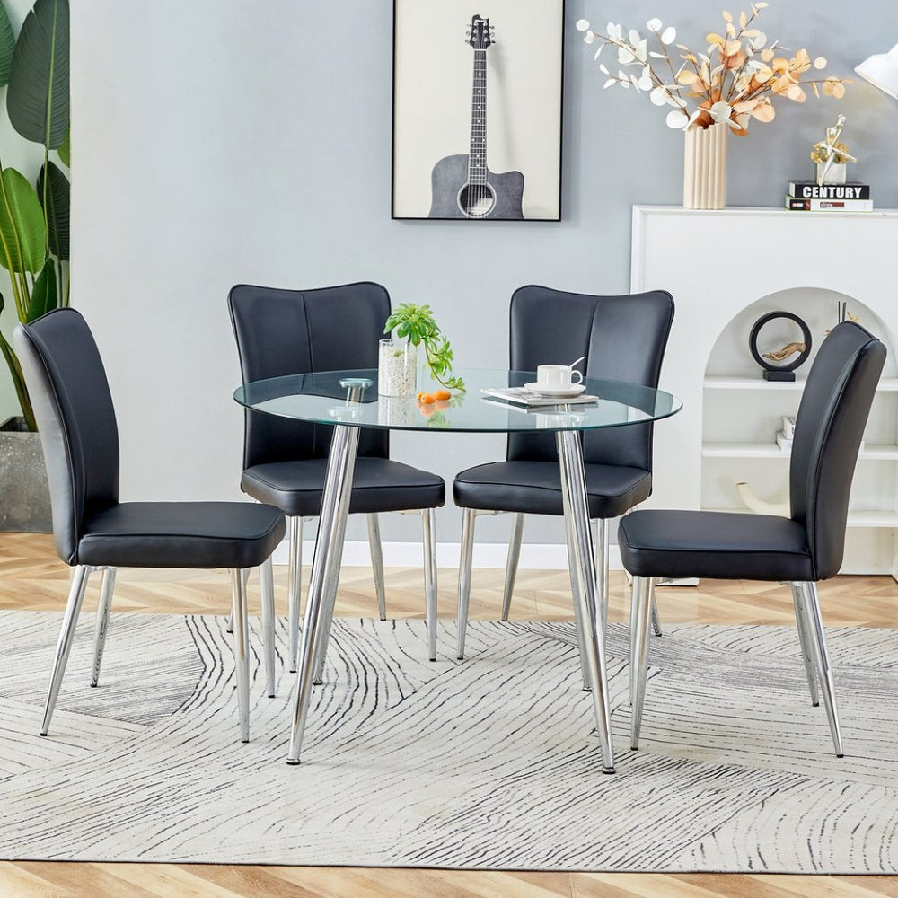 English Elm Table And Chair Set - Modern 38.6" Glass Dining Table With Silver Legs & 4 Stylish Black Pu Chairs W1151S03821-GIGA