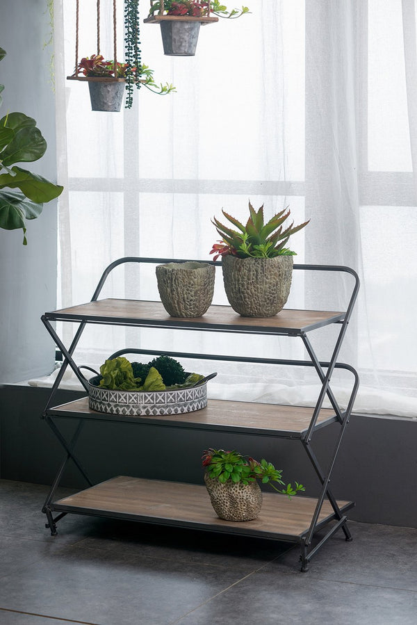 English Elm 34.3x16.9x32.7" Three Tier Fir Wood Iron Shelf Industrial Storage and Planter Stand W2078P499748