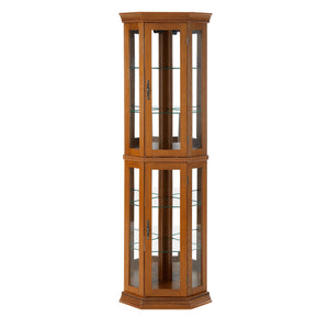 English Elm Corner Curio Cabinet with Lighted Top, Mirrored Back, Tempered Glass Shelves, Walnut Finish Elegance Oak W1693P165016