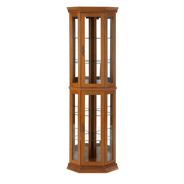 English Elm Corner Curio Cabinet with Lighted Top, Mirrored Back, Tempered Glass Shelves, Walnut Finish Elegance Oak W1693P165016