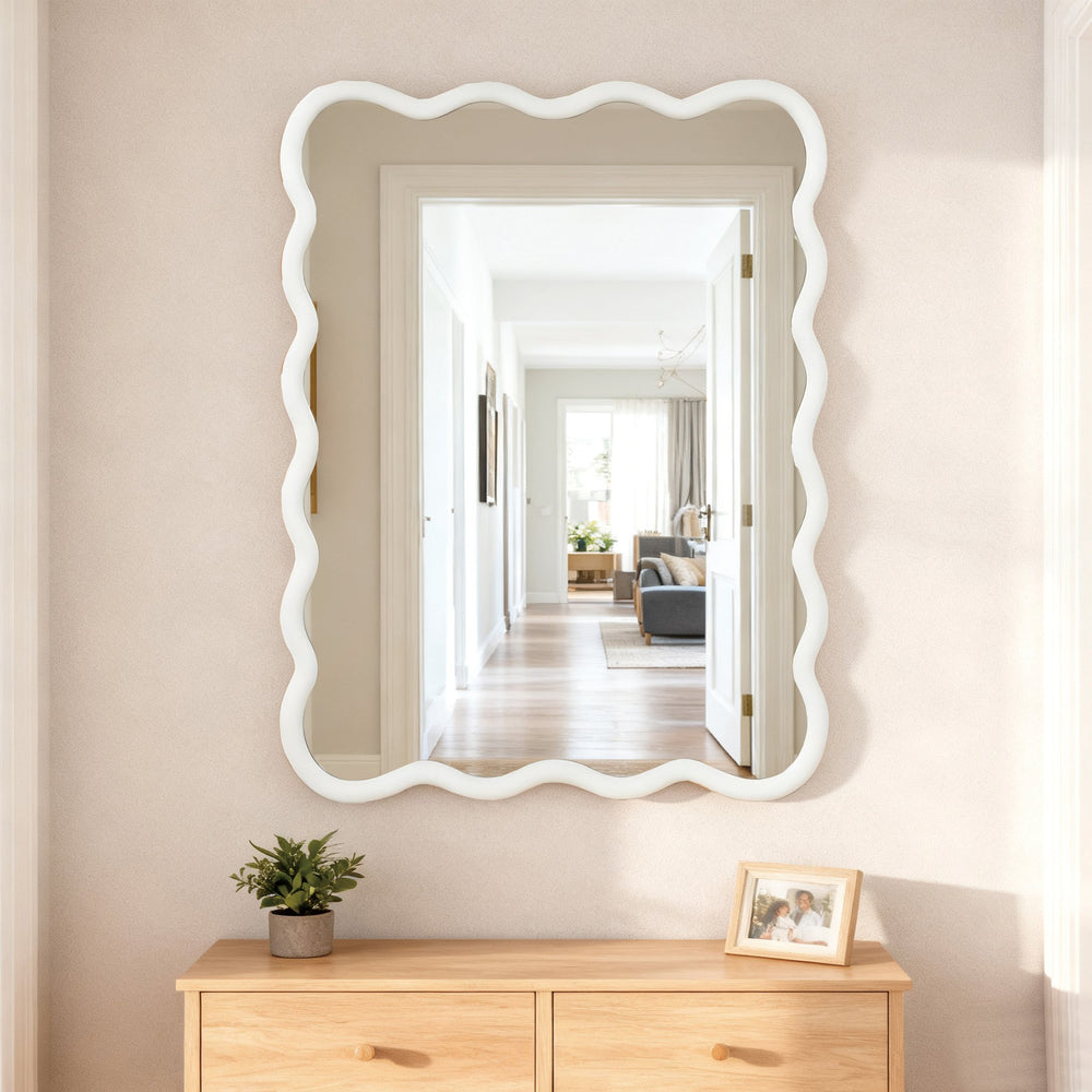 English Elm White 30"x40" Wavy Rectangle Solid Wood Frame Mirror - Tempered Glass, Rustic Chic Wall Decor for Entryway W2203P389066