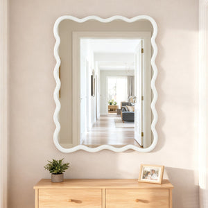 English Elm White 30"x40" Wavy Rectangle Solid Wood Frame Mirror - Tempered Glass, Rustic Chic Wall Decor for Entryway W2203P389066