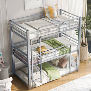 English Elm Metal Triple Bunk Bed Steel Frame Twin Three Tier Guardrails for Shared Rooms Silver GX000230AAN