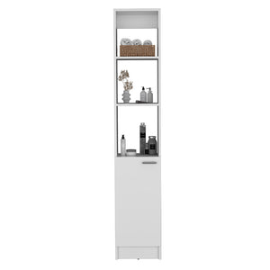 English Elm Linen Cabinet Marion White — Slim 46" Engineered Wood Bathroom Storage with Open Shelves & Concealed Door B092P191189