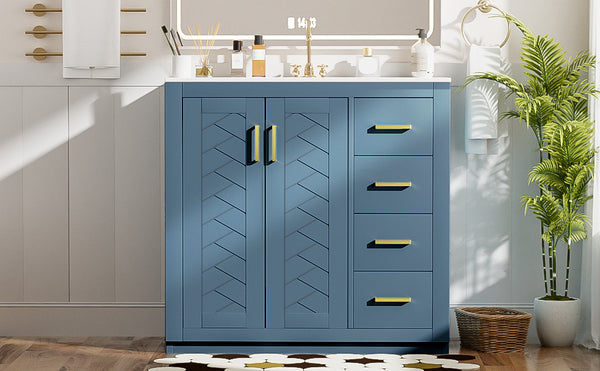 English Elm 36'' Bathroom Vanity with Ceramic Sink Combo Solid Wood Frame Soft-Closing Drawers Ample Storage Elegance Indigo N710P243327M