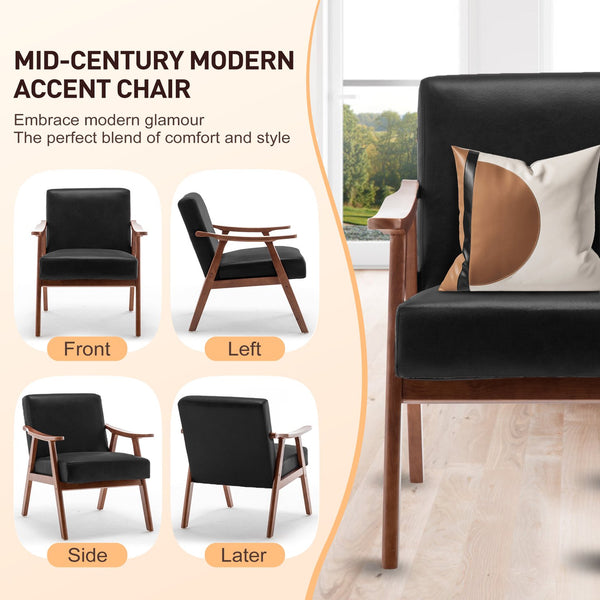 English Elm Mid-Century curved armchair with solid wood frame, extra-thick backrest, comfy lounge seat for home decor Black PU W2200P186174