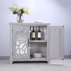 English Elm Elegant Mirrored Sideboard with Butterfly Carved Doors Wood Grain Finish Dining Storage Light Gray W2899P372740