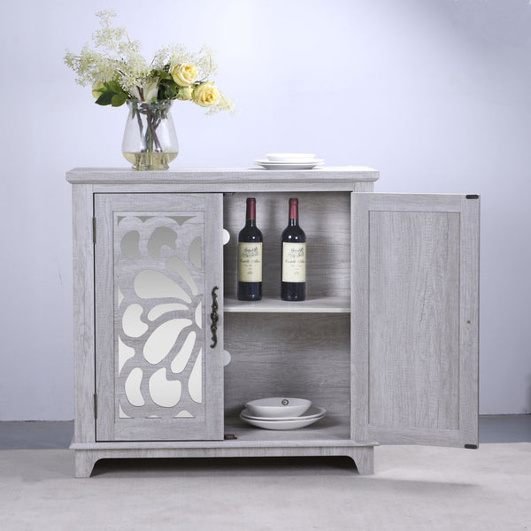 English Elm Elegant Mirrored Sideboard with Butterfly Carved Doors Wood Grain Finish Dining Storage Light Gray W2899P372740