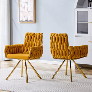 English Elm Set of 2 Velvet Upholstered Dining Chairs Braided Rope Back Glam Metal Legs Gold,Yellow W3875P383935