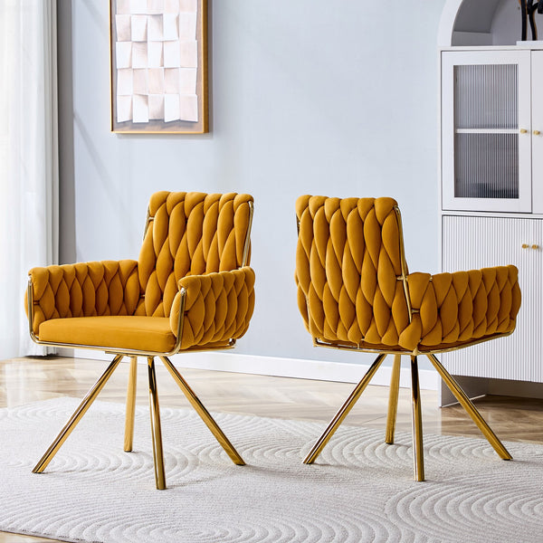 English Elm Set of 2 Velvet Upholstered Dining Chairs Braided Rope Back Glam Metal Legs Gold,Yellow W3875P383935