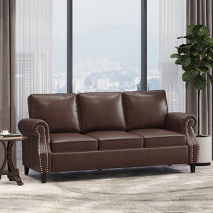 English Elm 3 Seater Pu Leather Sofa with Nailhead Trim Tapered Birch Legs for Modern Living 71405.00PUDBRN