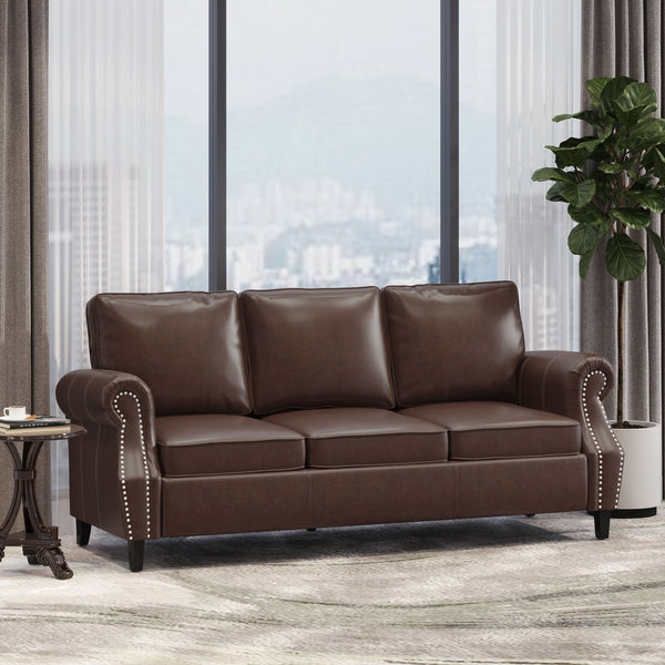 English Elm 3 Seater Pu Leather Sofa with Nailhead Trim Tapered Birch Legs for Modern Living 71405.00PUDBRN