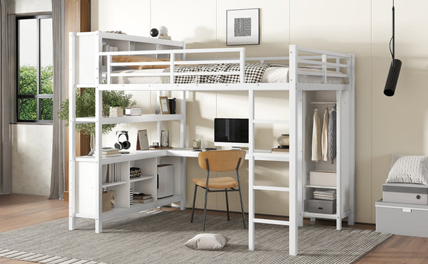 English Elm Metal Queen Size Loft Bed With L-Shaped Desk, Storage Cubes & Shelves For Kids, Teens & Adults W1580S00108