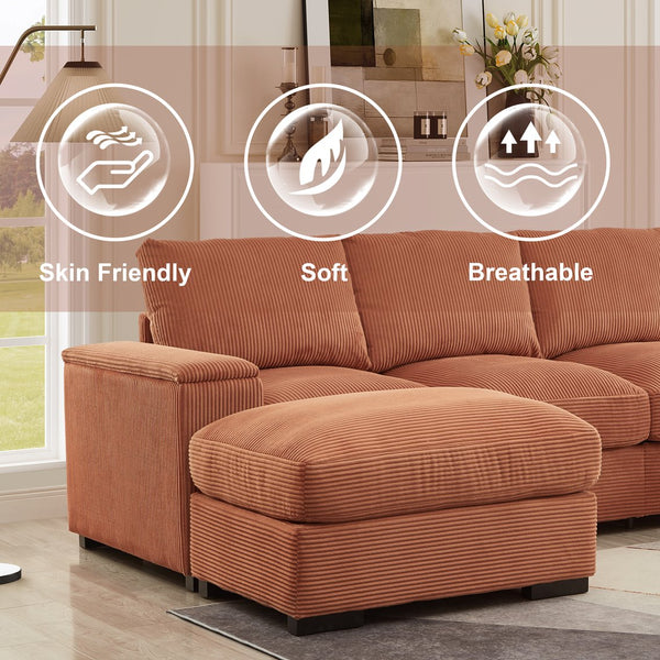 English Elm 122"l Corduroy Sectional with Dual Ottomans Modular U-shape Sofa for Modern Living Orange W1669S00022