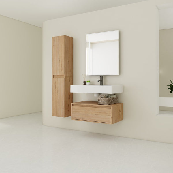English Elm 30 Inch Wall-Mounted Bathroom Vanity Set With Resin Sink, Soft-Close Drawers & Storage Cabinets W999S00268