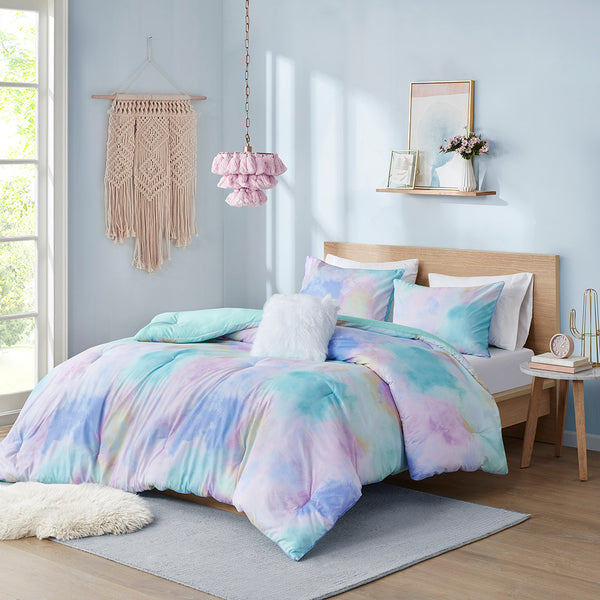 JLA Home Intelligent Design - Watercolor Dream Tie Dye Comforter Set with Piped Edges, Hypoallergenic Fill & Antimicrobial Care 90 L x 68 W x 1H ID10-1987