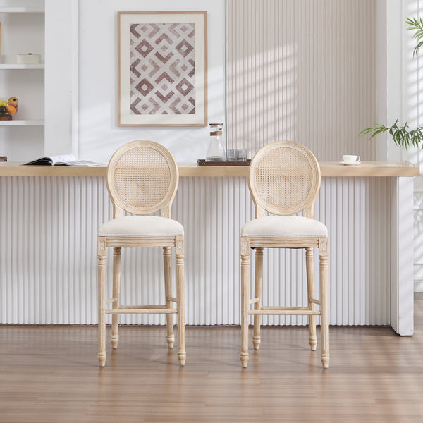 English Elm French Country Bar Chairs Set Of 2 - Upholstered Rattan Back, Vintage Elegance For Dining & Living Spaces W3426P324575