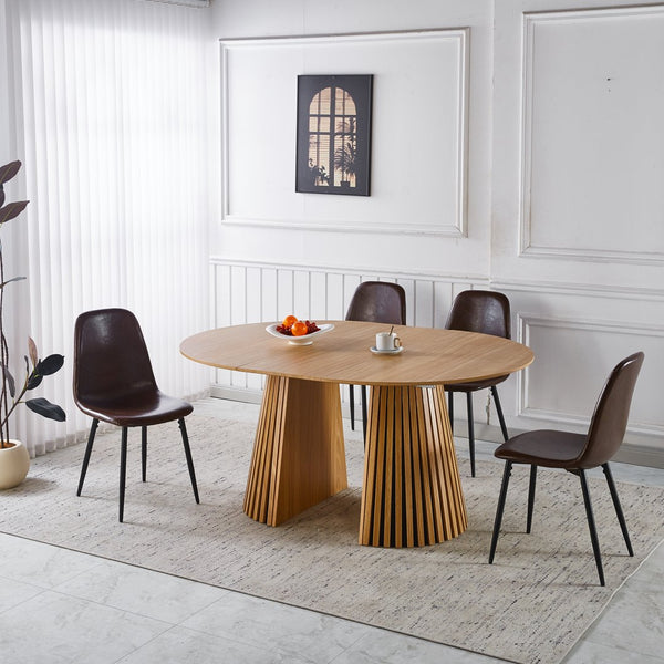 English Elm 1+4,5pieces Mid-century Dining Set Mdf Top Metal Pedestal Base Seats Six Modern Kitchen Brown W3766S00006