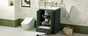 English Elm 24'' Bathroom Vanity with Ceramic Sink Combo Modern Freestanding MDF Cabinet with Soft-Close Doors and Sleek Silver Handles for Spacious Organized Bathroom Storage Green N710P194893F
